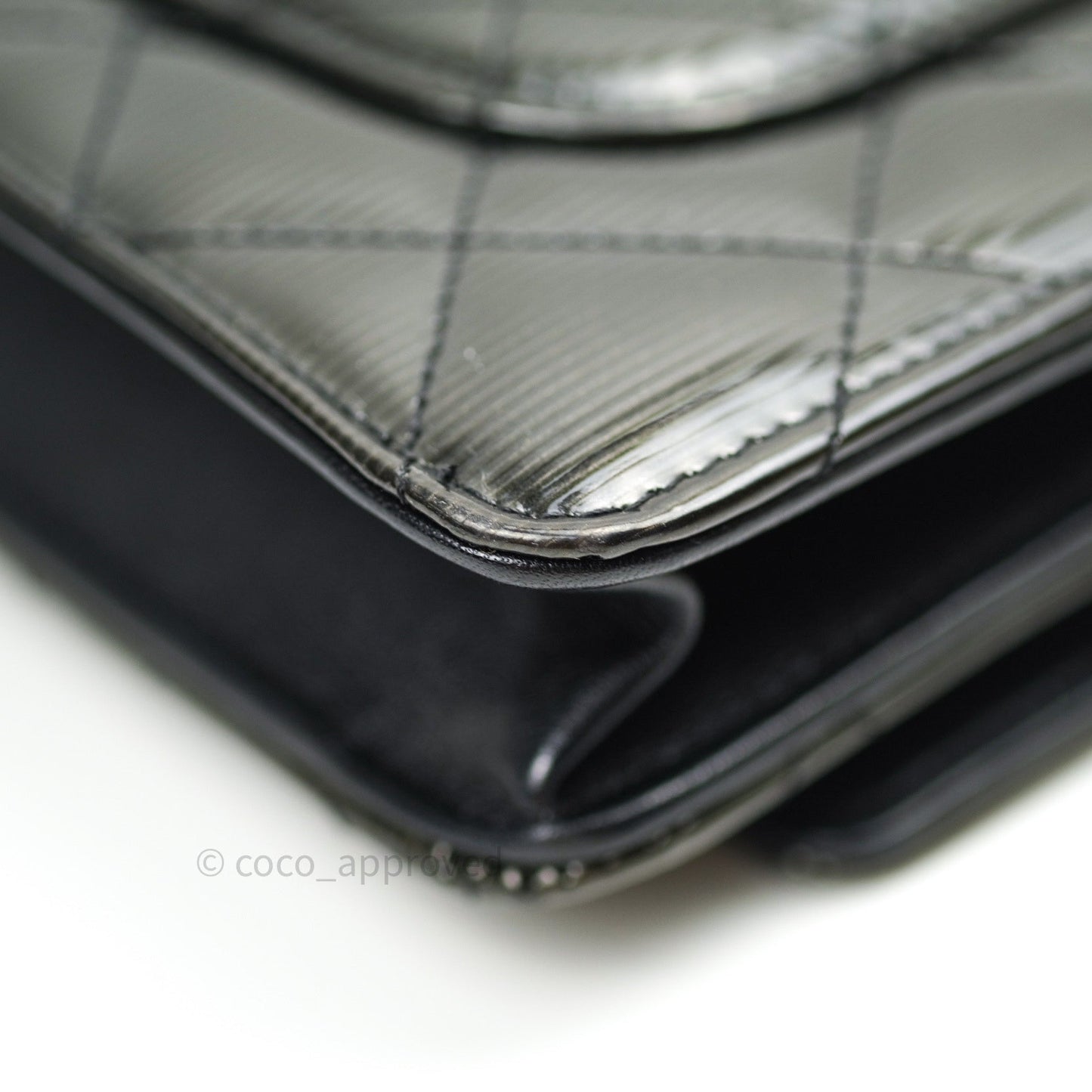 Chanel Quilted Wallet on Chain WOC Dark Green Patent Leather Silver Hardware