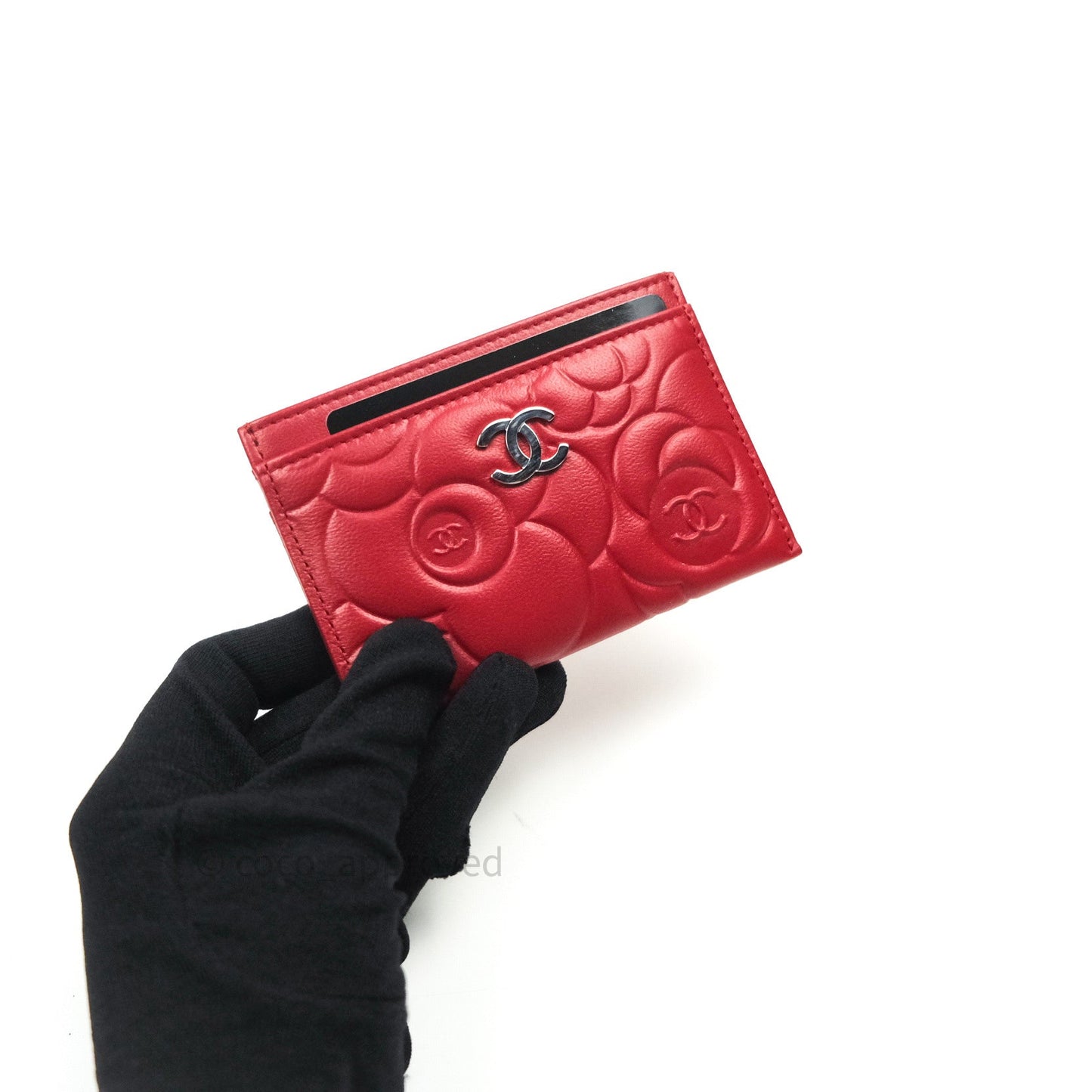 Chanel Quilted Classic Red Camellia Goatskin Silver Hardware Flat Card Holder