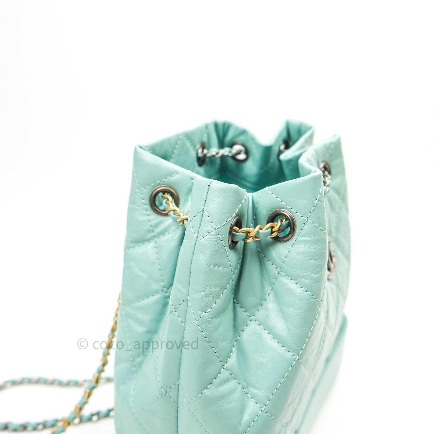 Chanel Gabrielle Backpack Black Aged Calfskin Small Tiffany Blue