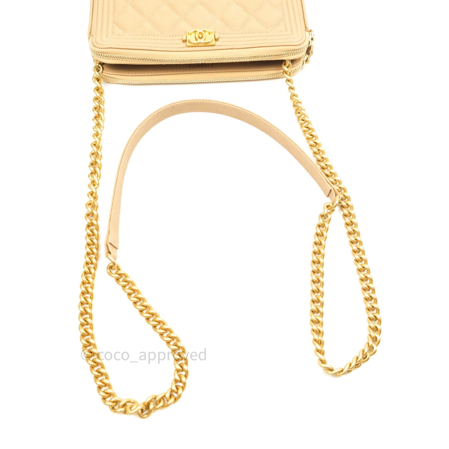 Chanel Boy Beige Quilted Caviar Clutch on Chain Gold Hardware