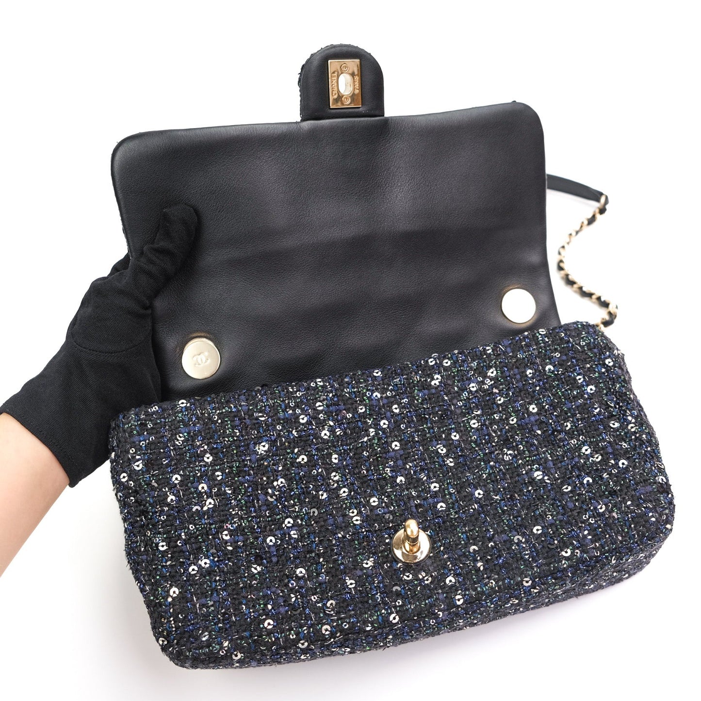 Chanel Tweed Medium Pearl Handle Flap Black Ecru
