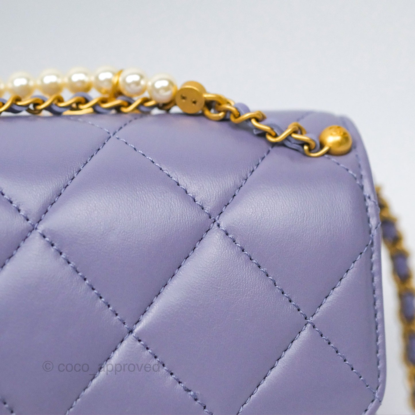 Chanel Crystal Pearl Chain Mini Flap Bag Purple Lambskin Aged Gold Hardware