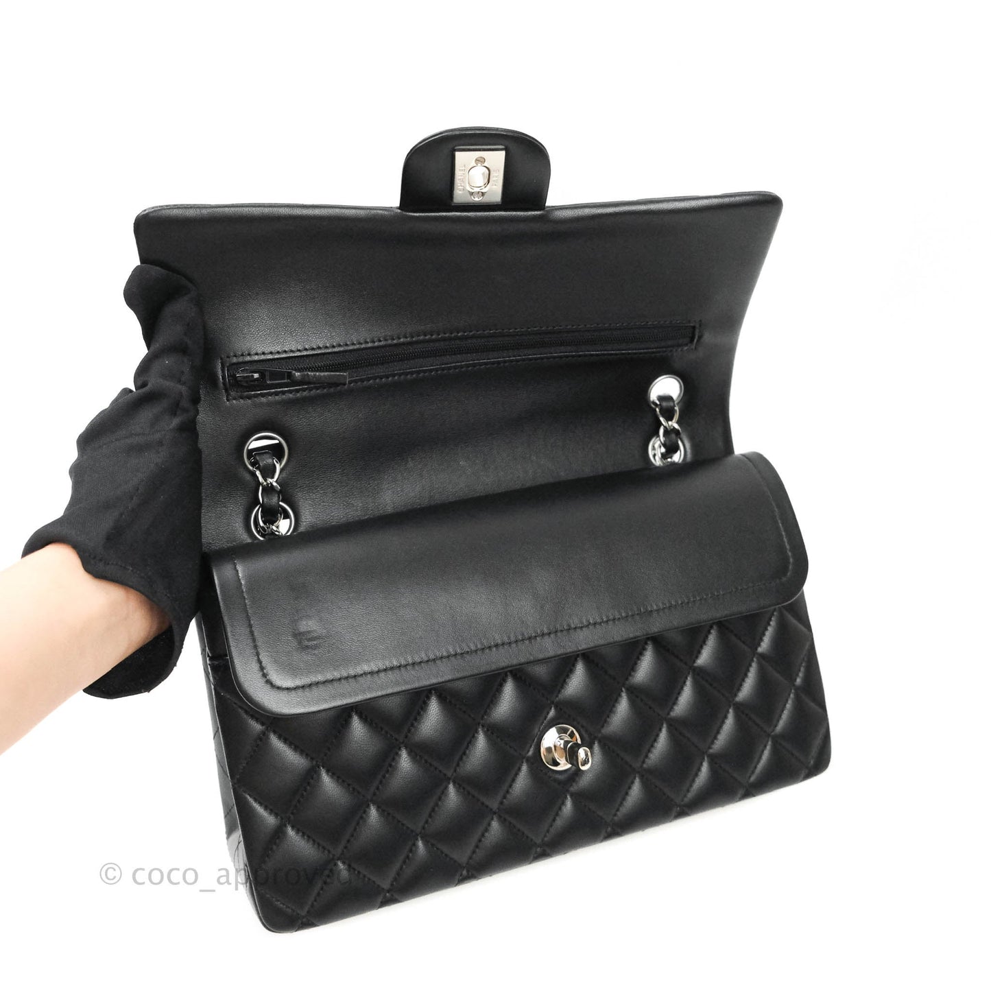 Chanel Classic M/L Medium Double Flap Bag Black Lambskin Silver Hardware