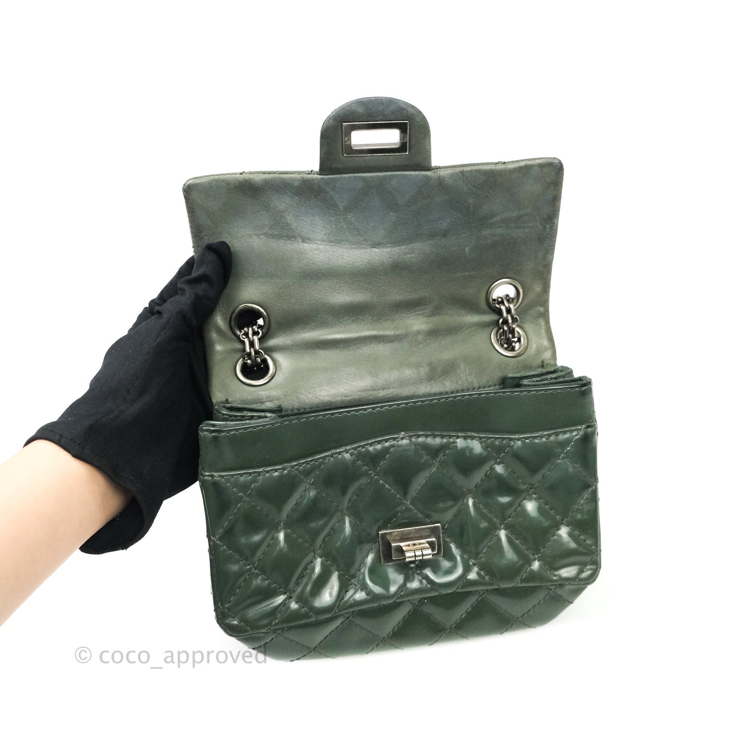 Chanel Mini Reissue 224 Army Green Patent Ruthenium Hardware Double Layer