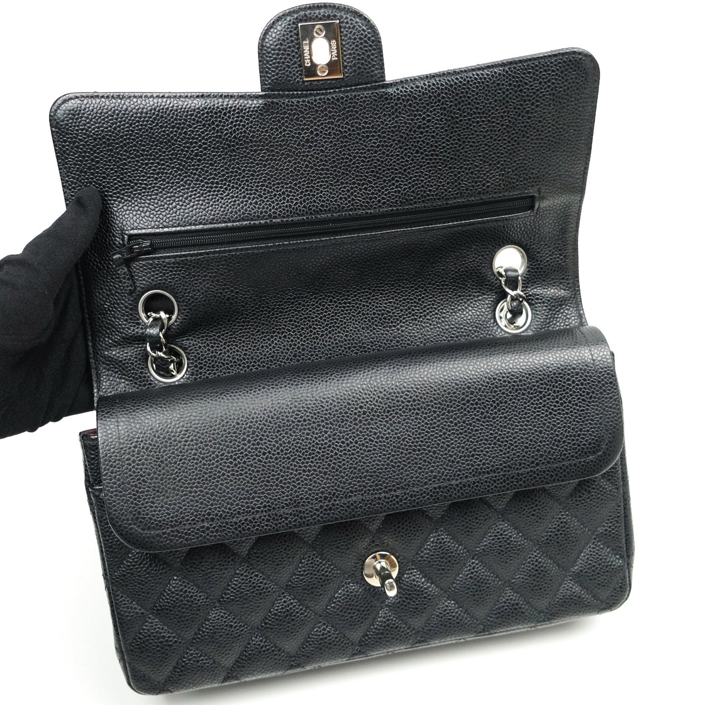 Chanel Quilted M/L Medium Double Flap Bag Black Caviar Silver Hardware