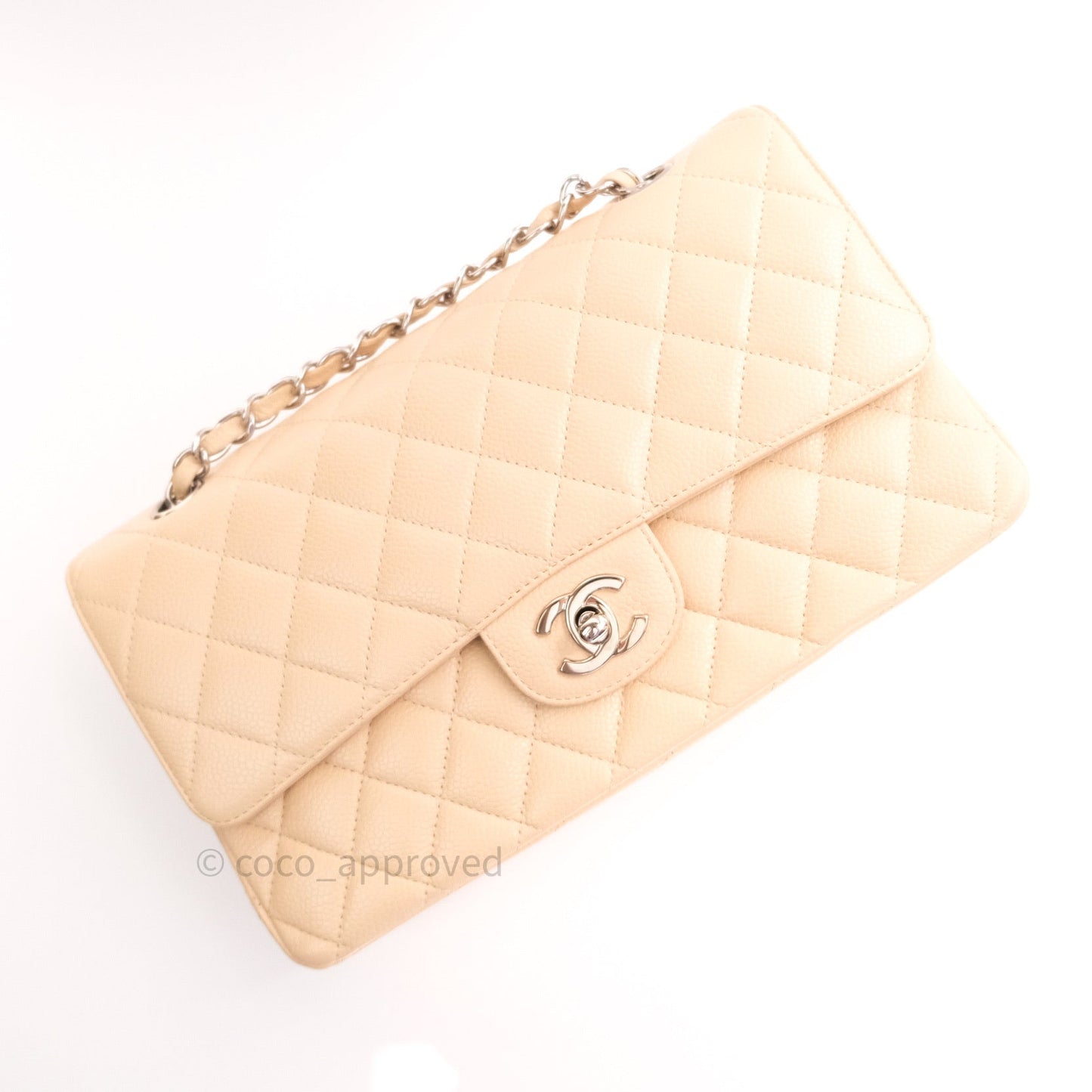 Chanel Quilted M/L Medium Double Flap Beige Clair Caviar Silver Hardware