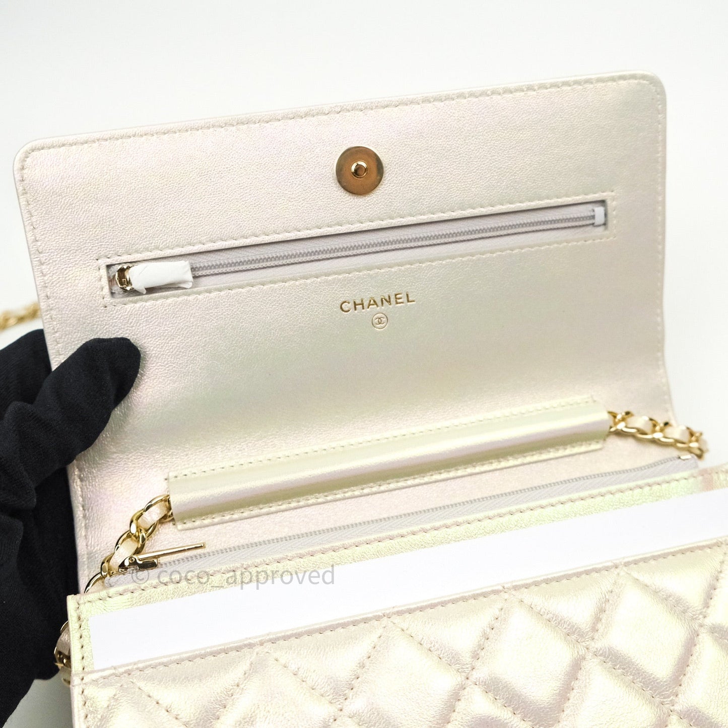 Chanel Quilted Wallet on Chain WOC Iridescent Ivory Gold Hardware 20A