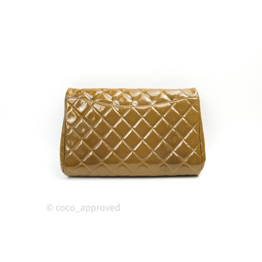 Chanel Quilted Clutch with Chain Khaki Patent Leather Silver Hardware