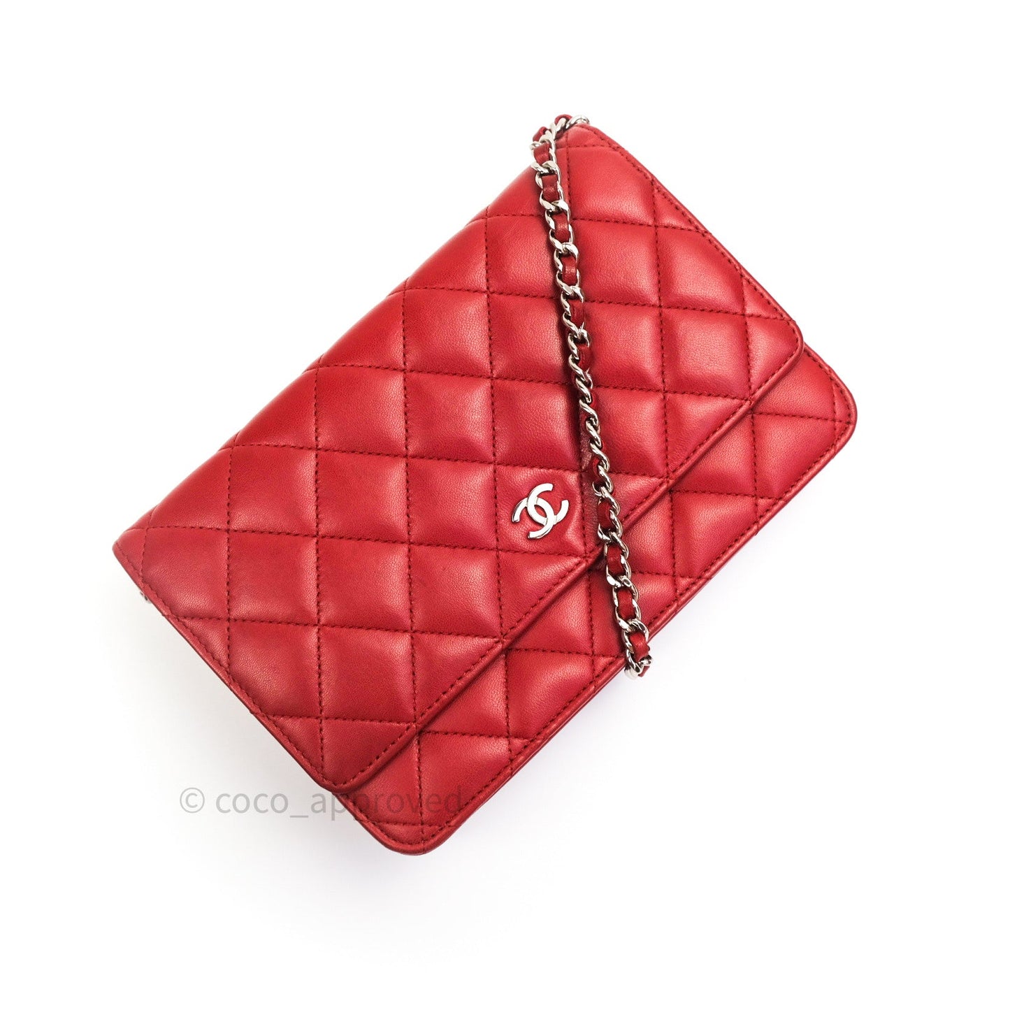 Chanel Quilted Wallet on Chain WOC Red Lambskin Silver Hardware