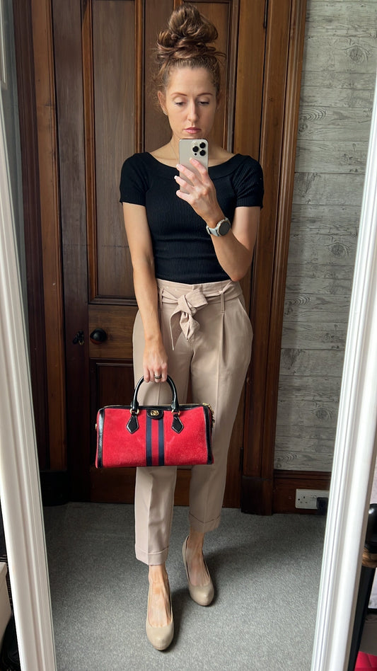 Luxury Gucci Red Suede and Blue Leather Ophidia Boston Bag