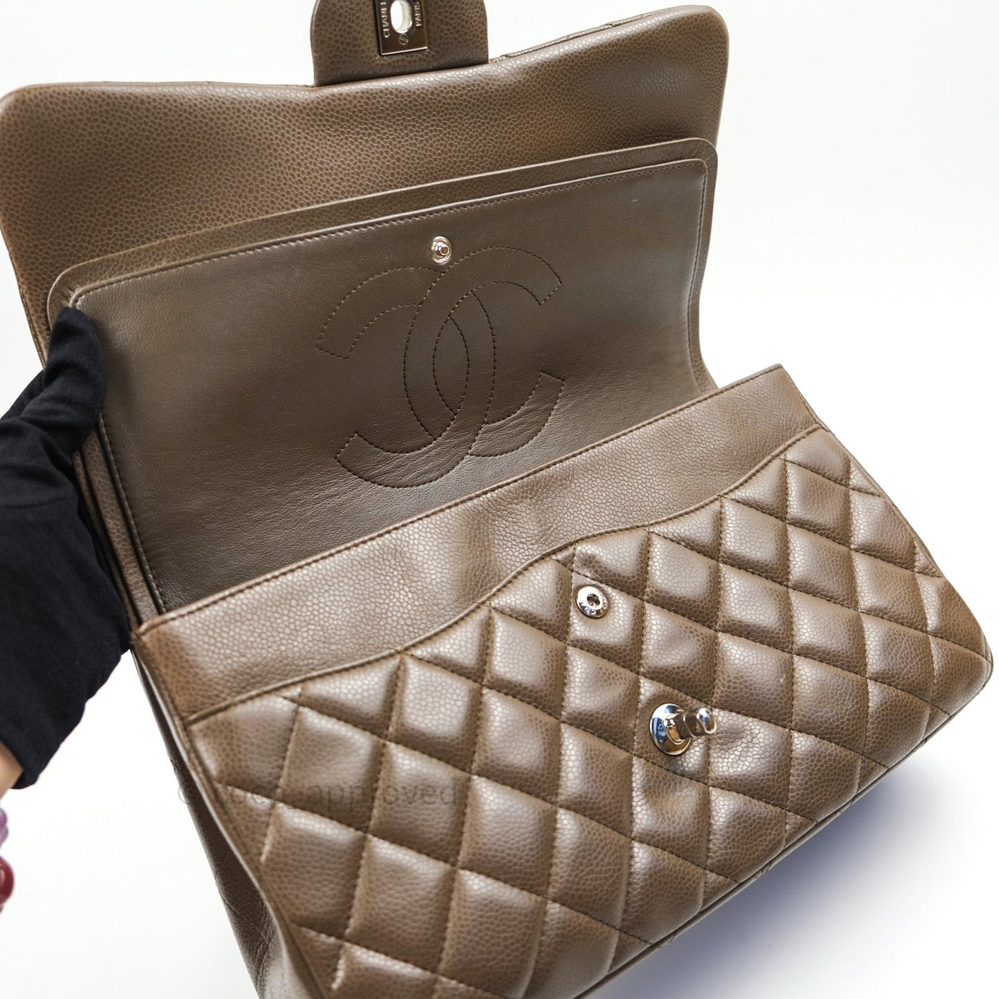 Chanel Classic Double Flap Quilted Jumbo Double Flap Khaki Caviar Silver Hardware