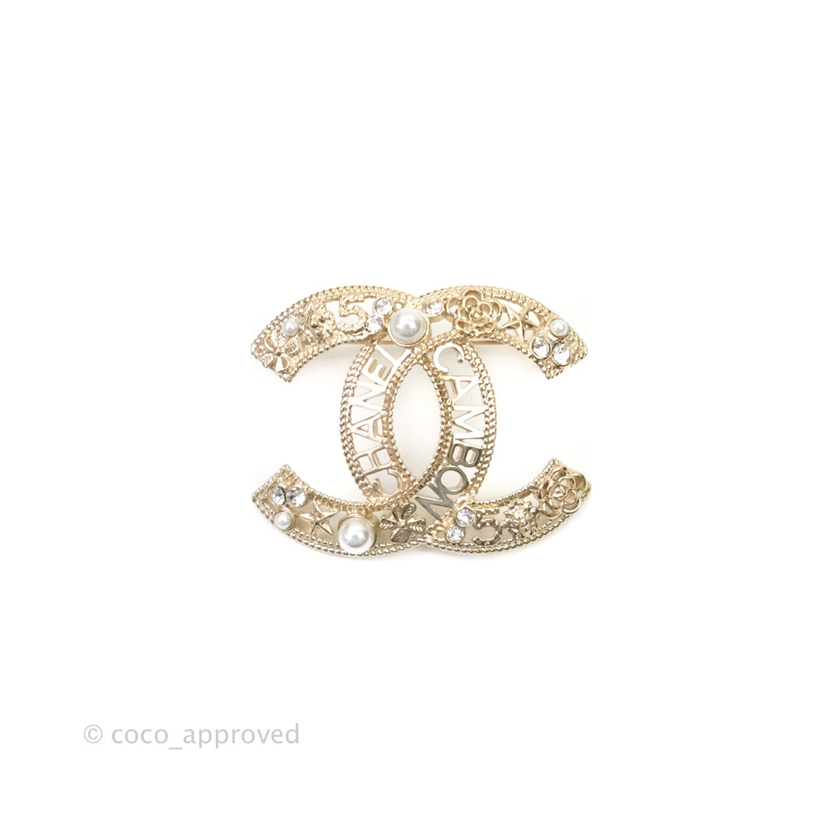 Chanel CC Cambon Pearl Crystal Brooch Gold Tone 21A