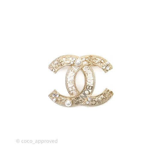 Chanel CC Cambon Pearl Crystal Brooch Gold Tone 21A