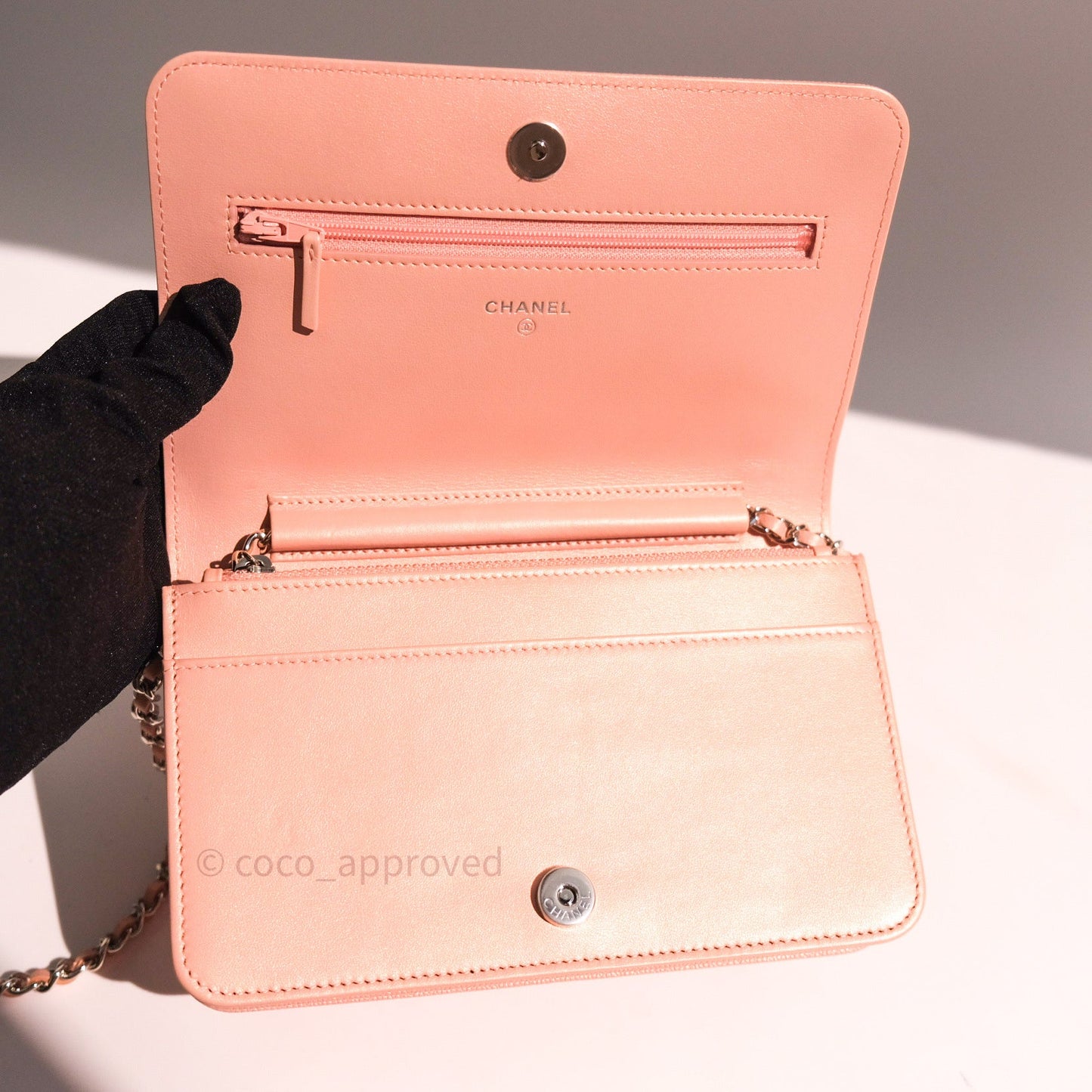 Chanel Chevron Wallet on Chain WOC Rose Gold Caviar Silver Hardware 19P