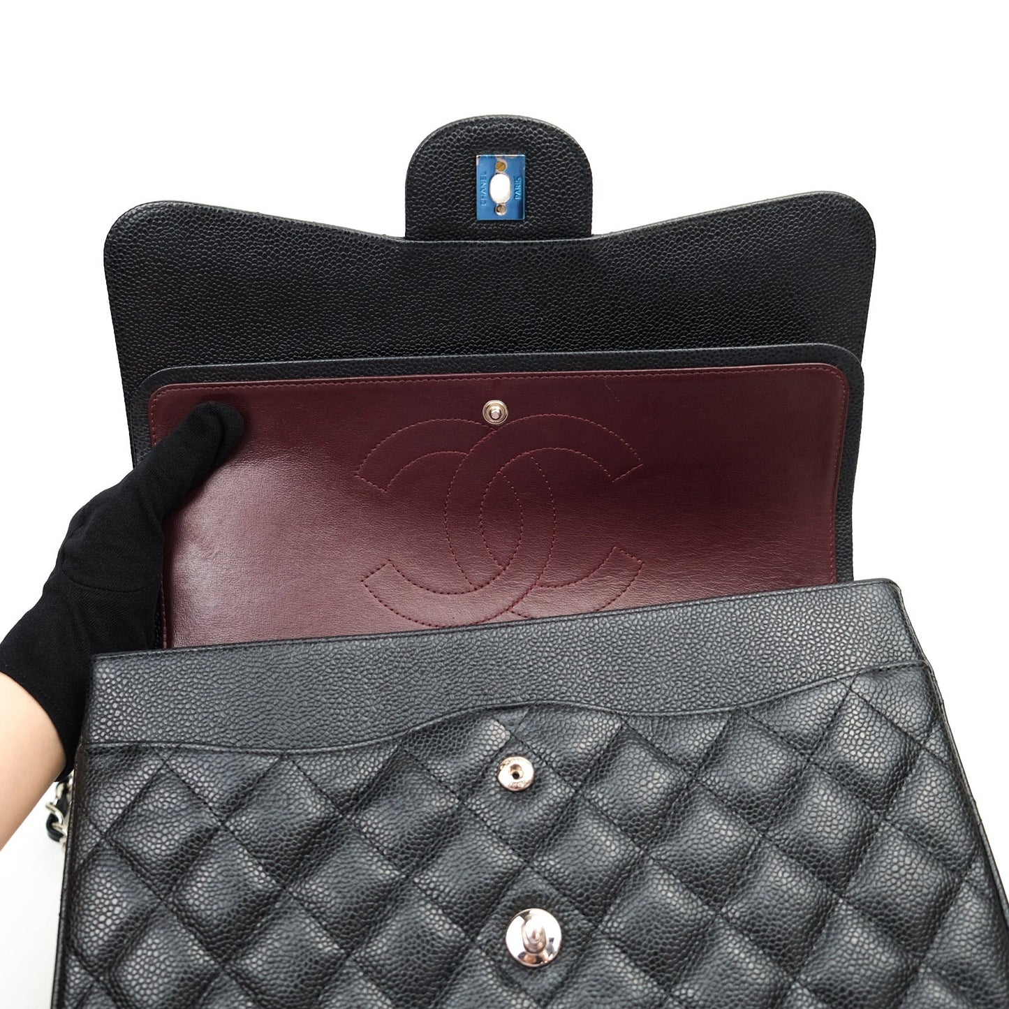 Chanel Quilted Jumbo Double Flap Black Caviar Silver Hardware⁣⁣