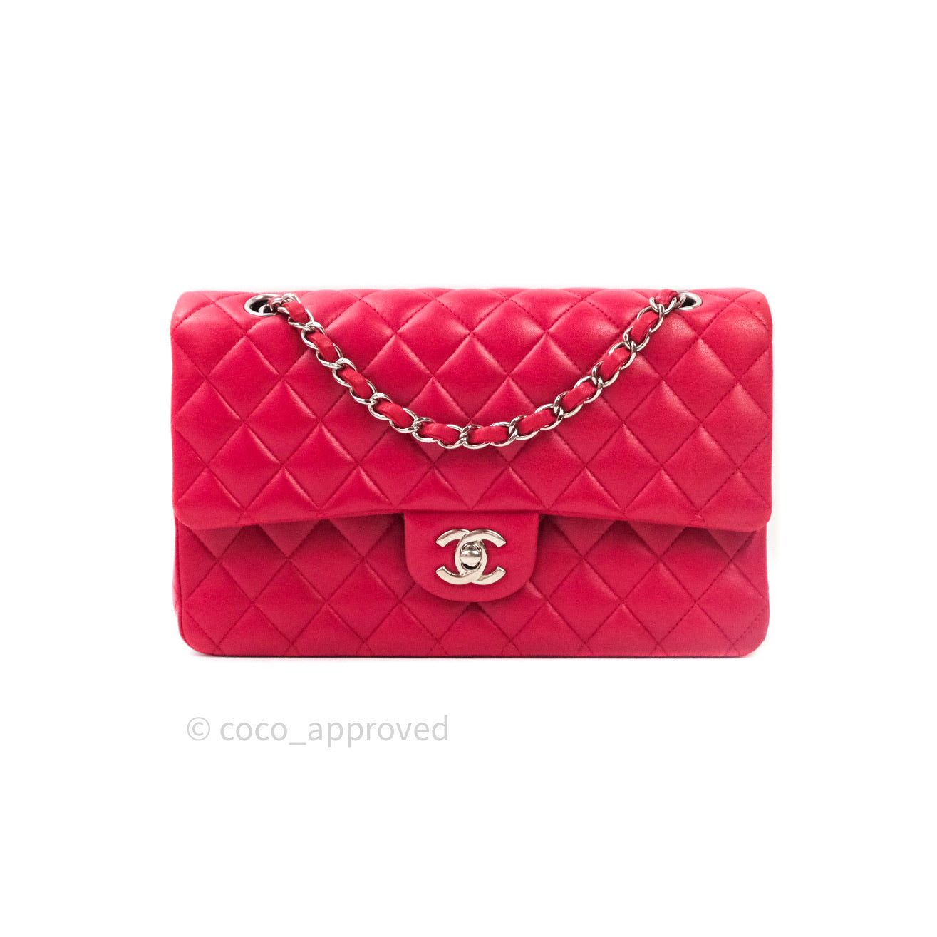 Chanel Classic M/L Lambskin Medium Double Flap Red Pink Silver Hardware