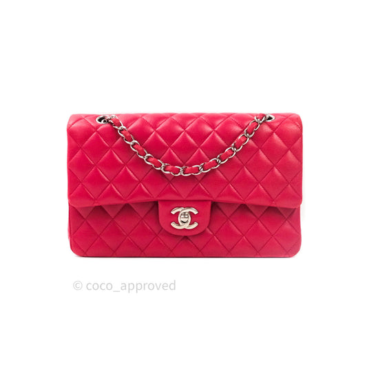 Chanel Classic M/L Lambskin Medium Double Flap Red Pink Silver Hardware