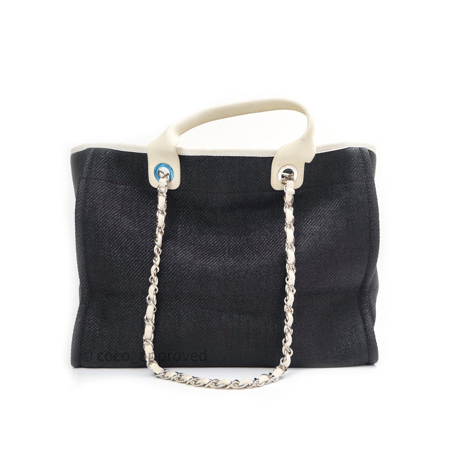 Chanel Canvas Large Deauville Tote Dark Grey Ivory Handle