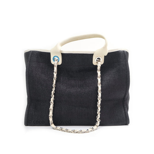 Chanel Canvas Large Deauville Tote Dark Grey Ivory Handle