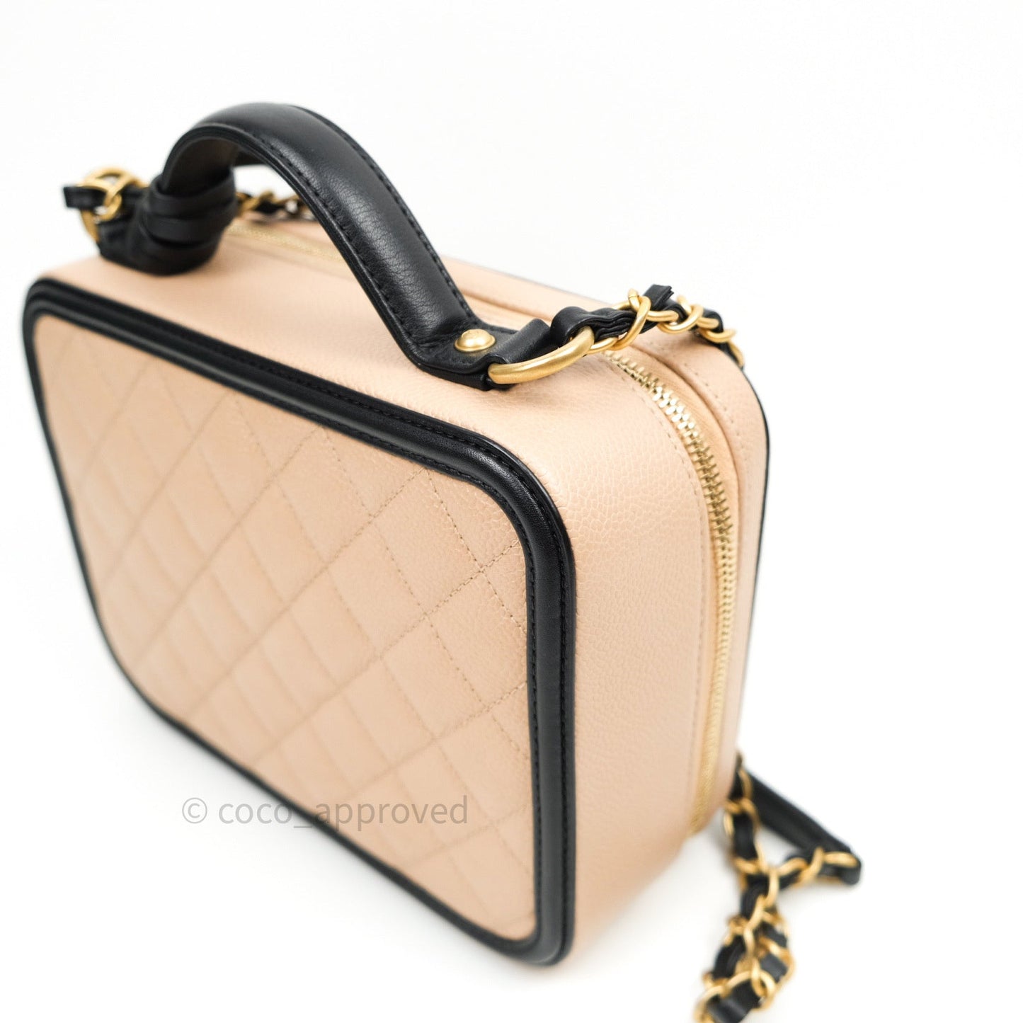 Chanel Quilted Medium CC Filigree Vanity Case Beige Caviar Gold Hardware