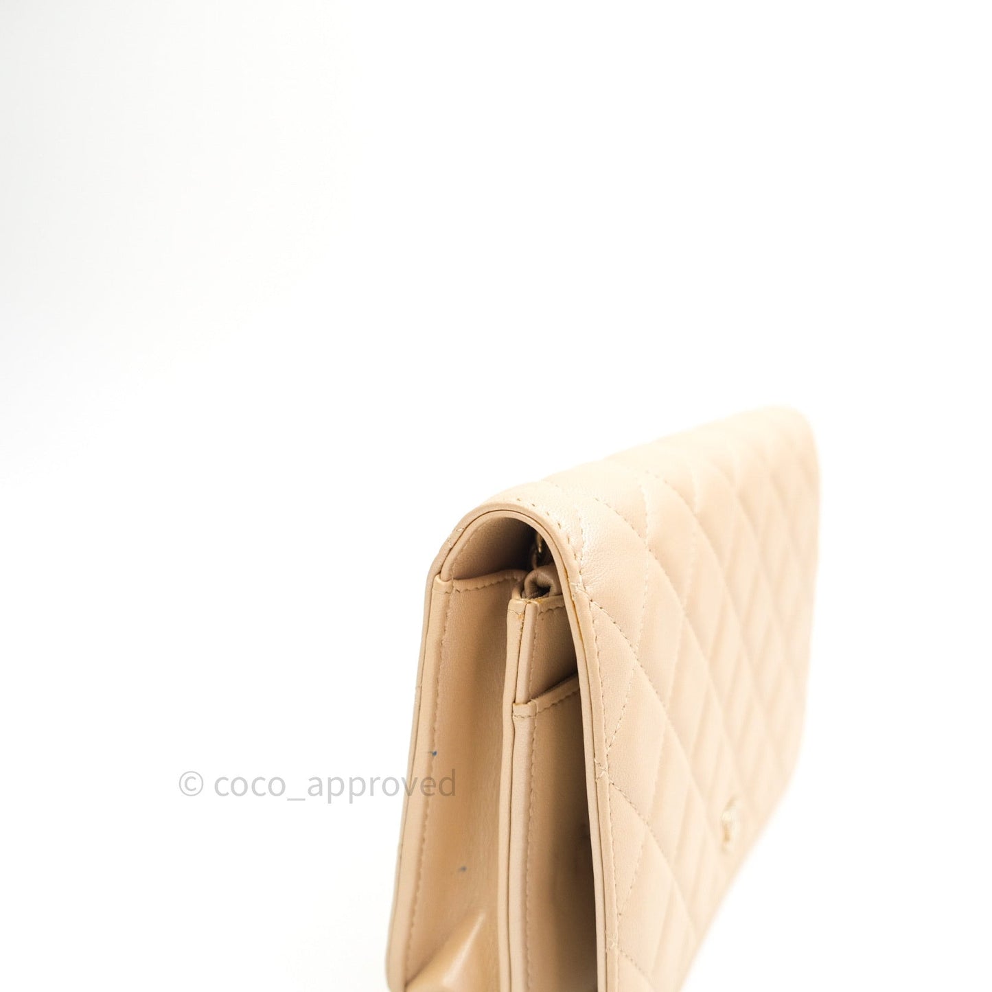 Chanel Quilted Beige Iridescent Lambskin Pearl Wallet On Chain WOC