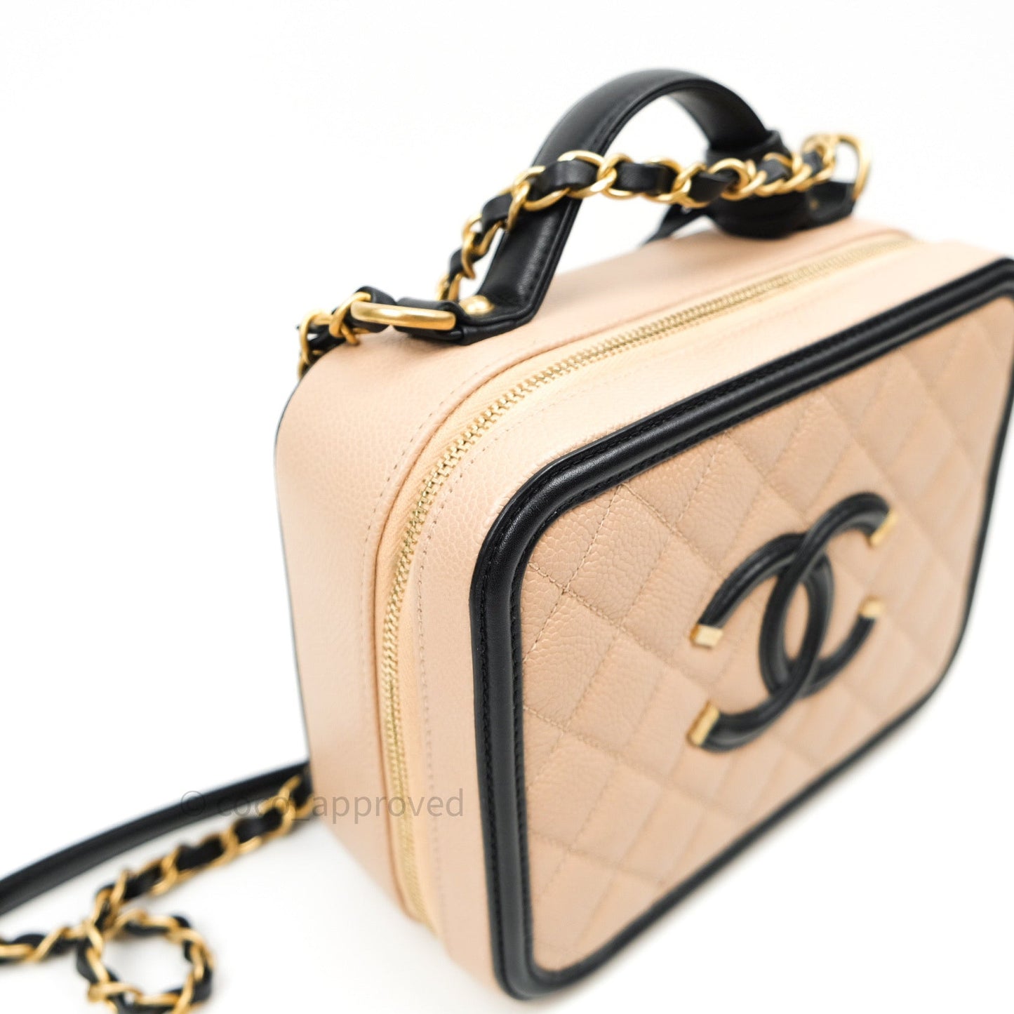 Chanel Quilted Medium CC Filigree Vanity Case Beige Caviar Gold Hardware