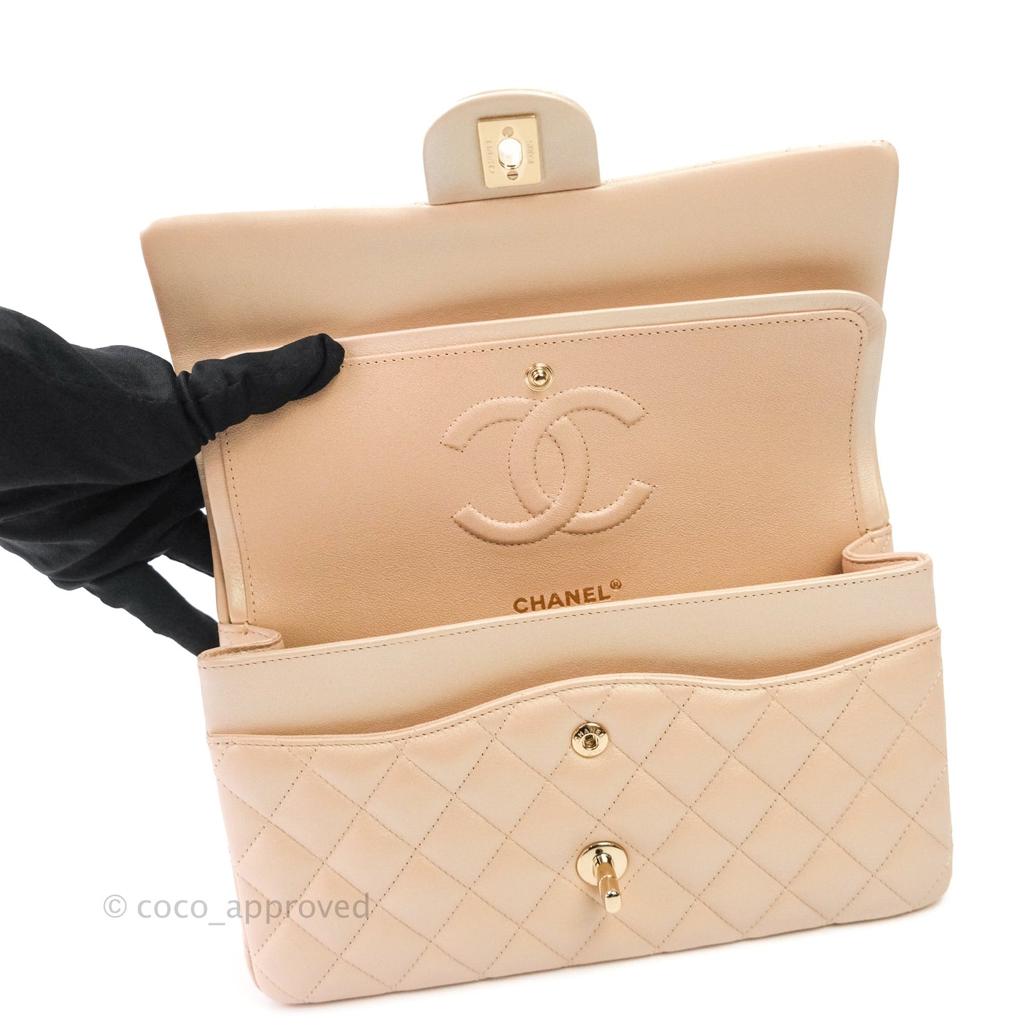 Chanel M/L Medium Double Flap Bag Iridescent Beige Calfskin Gold Hardware 21S