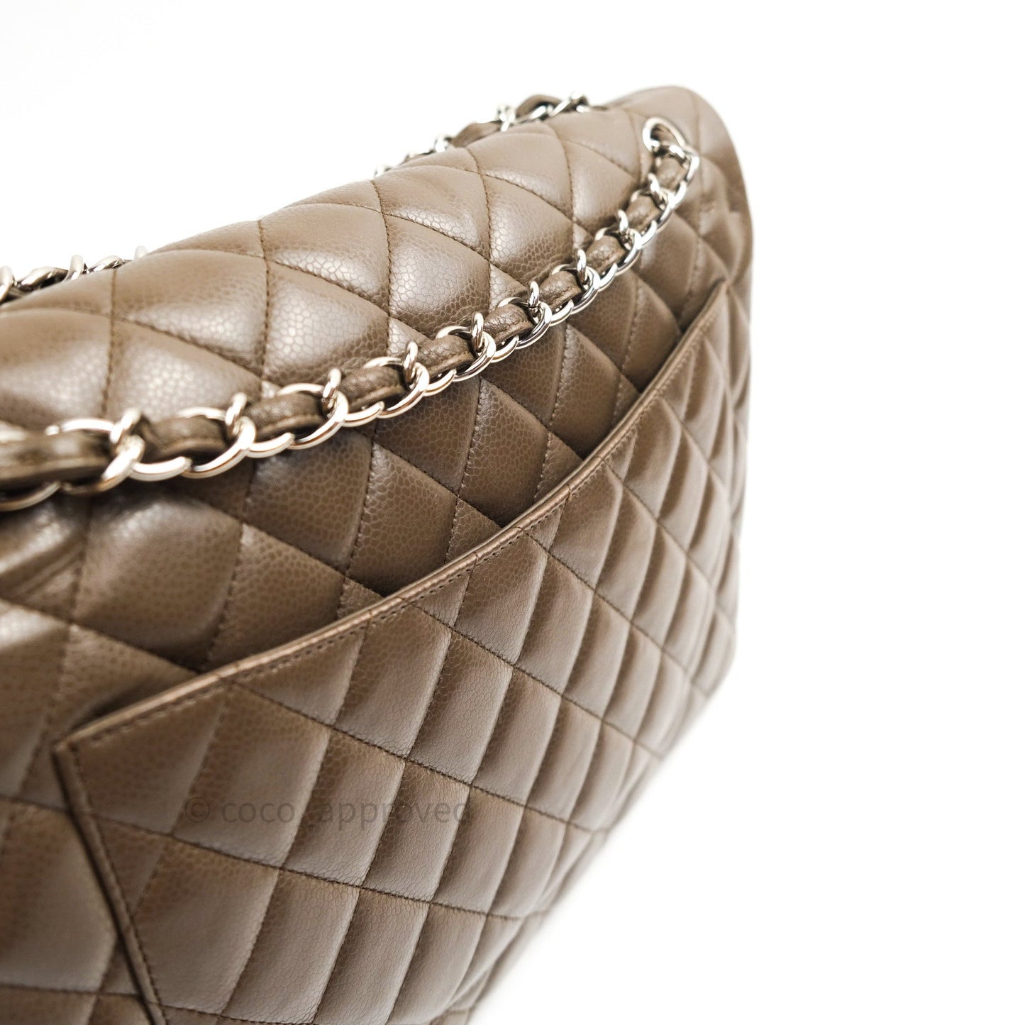 Chanel Double Flap Maxi Khaki Caviar Silver Hardware