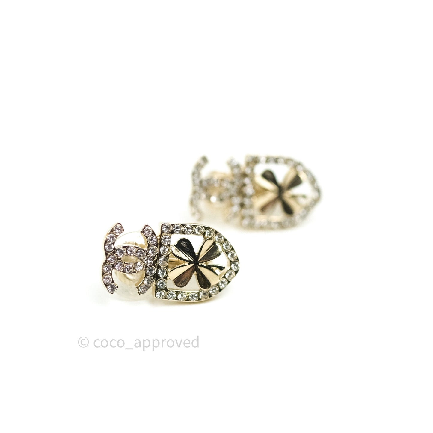 Chanel Crystal CC Clover Earrings Gold Clip On 20B