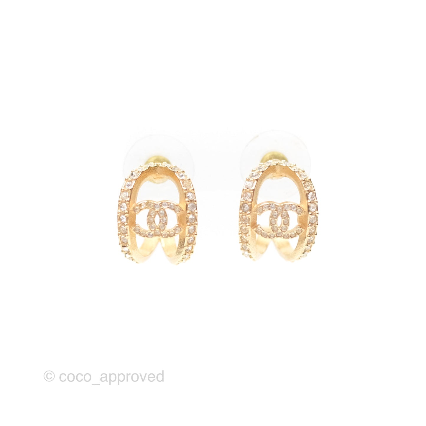 Chanel CC Hoop Crystal Earrings Gold Tone 22A