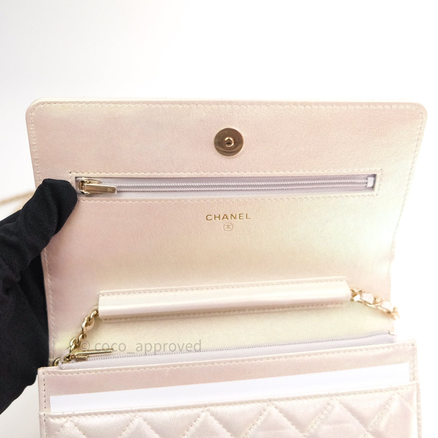Chanel Quilted Wallet on Chain WOC Iridescent Ivory Gold Hardware 20A