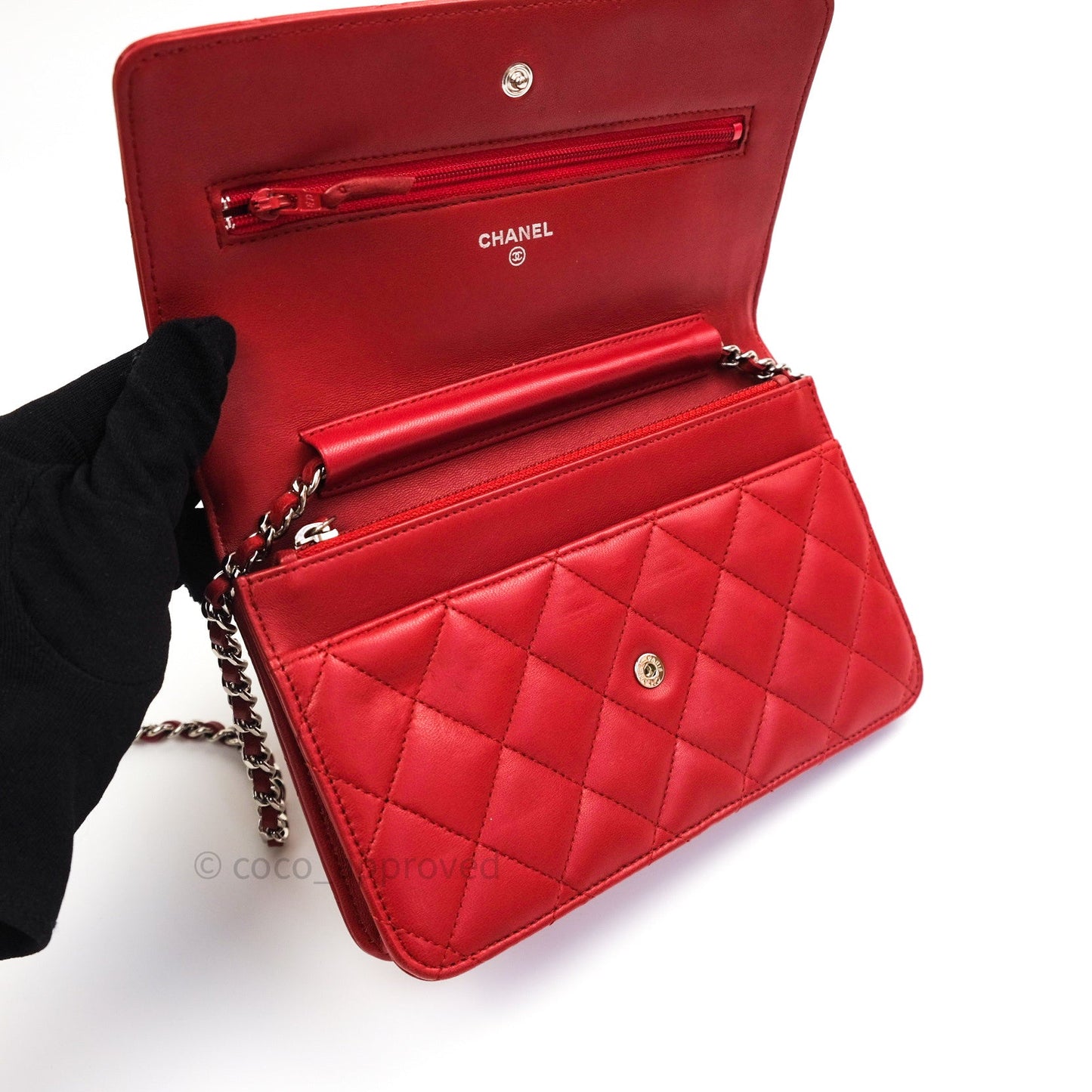 Chanel Quilted Wallet on Chain WOC Red Lambskin Silver Hardware