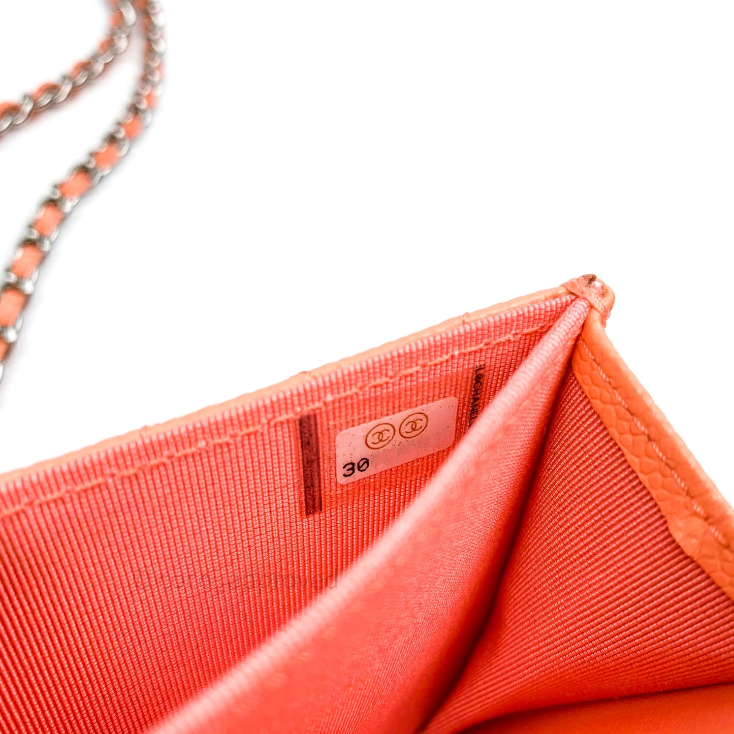 Chanel Mini Wallet With Chain Salmon Pink Caviar Silver Hardware