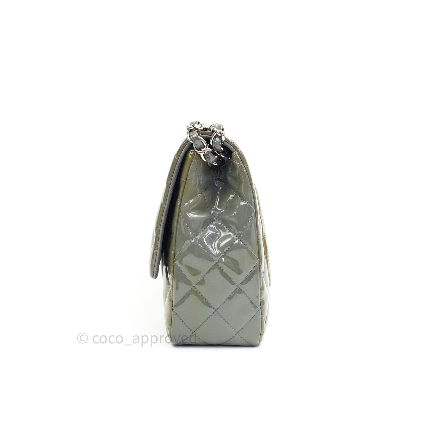 Chanel Jumbo Single Flap Light Green Patent Leather Silver Hardware⁣⁣