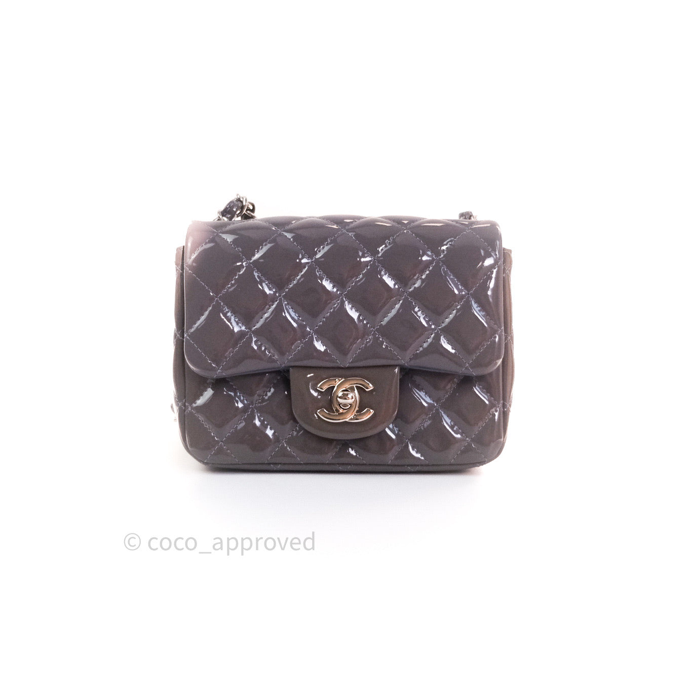 Chanel Mini Square Grey Patent Leather Silver Hardware