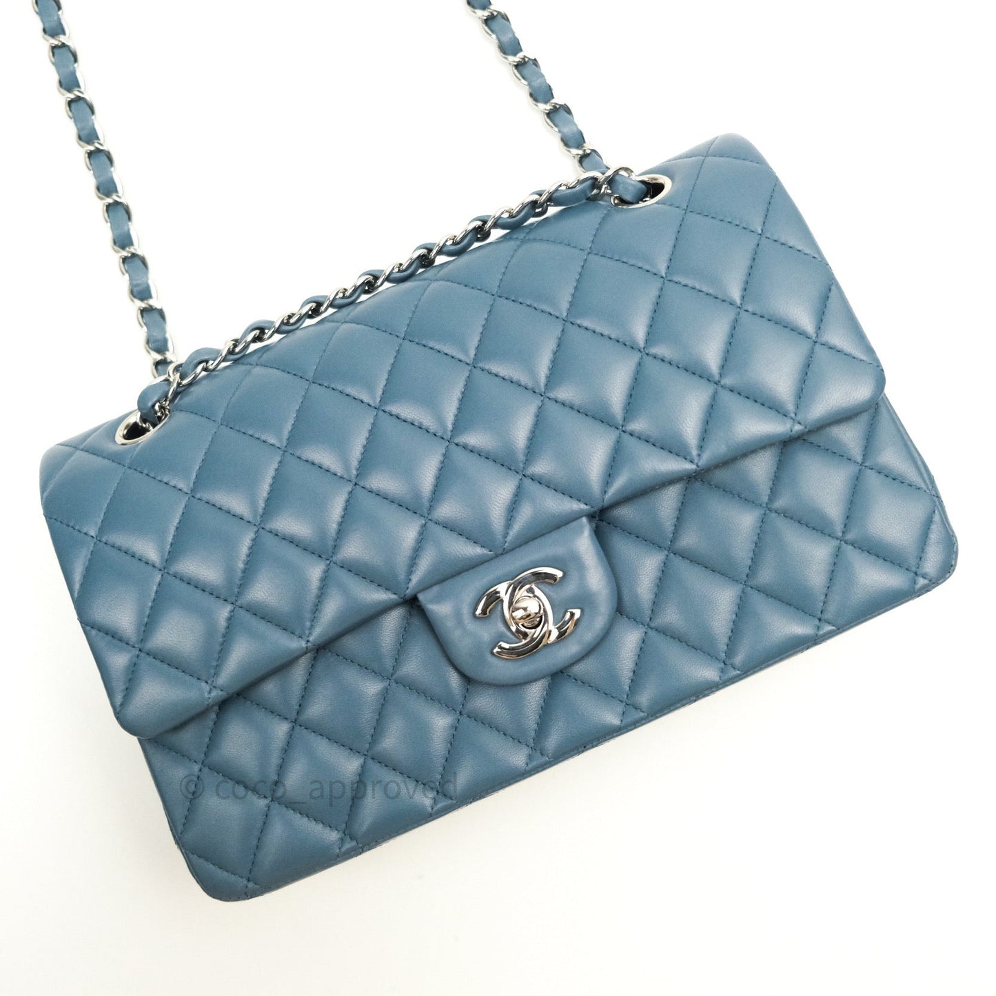 Chanel Classic M/L Lambskin Medium Double Flap Teal Blue Silver Hardware