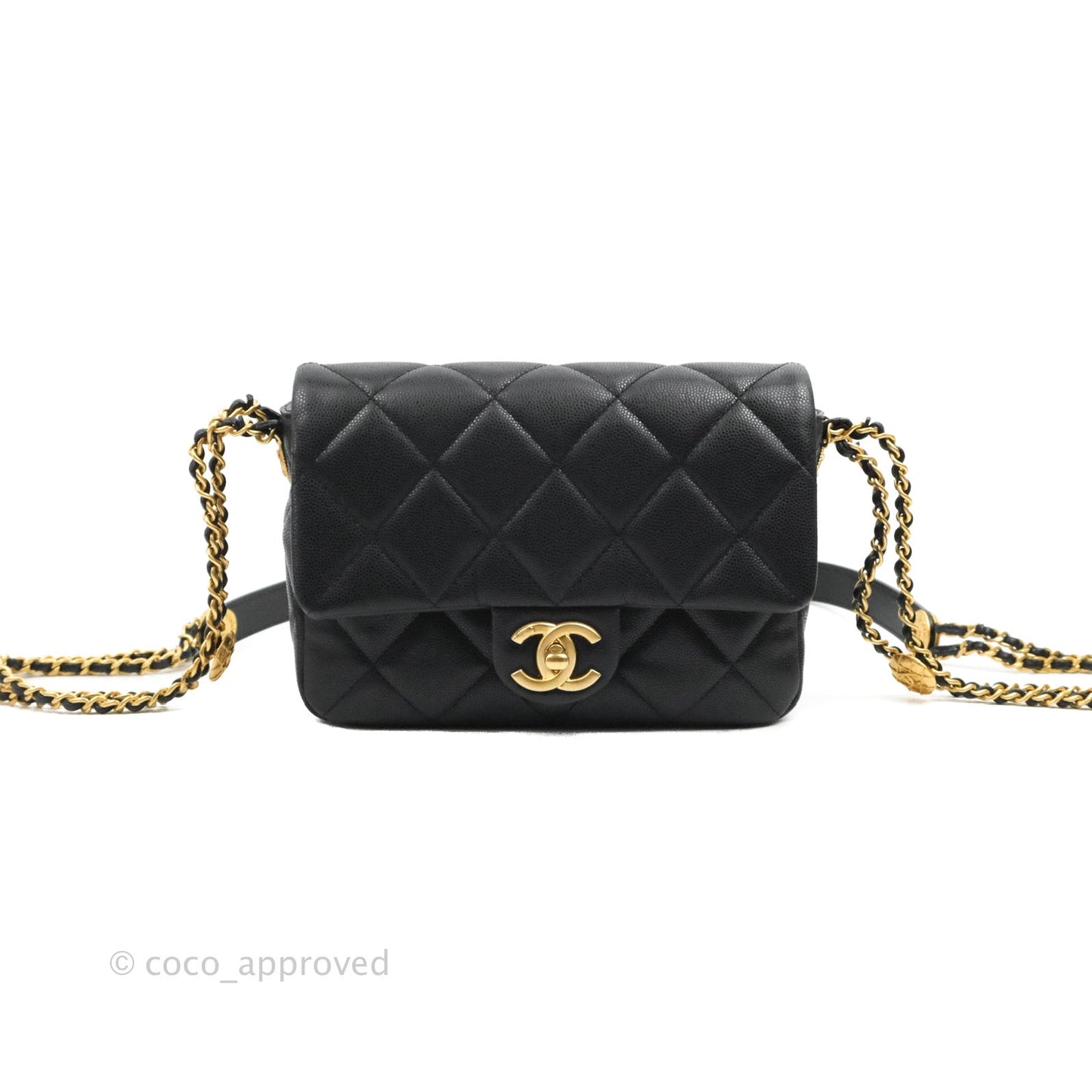 Chanel Small Flap with Coin Charm Black Caviar Aged Gold Hardware 22A