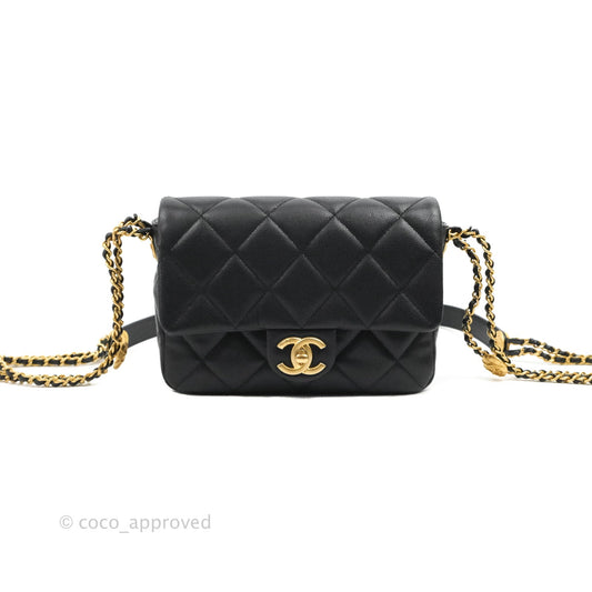 Chanel Small Flap with Coin Charm Black Caviar Aged Gold Hardware 22A