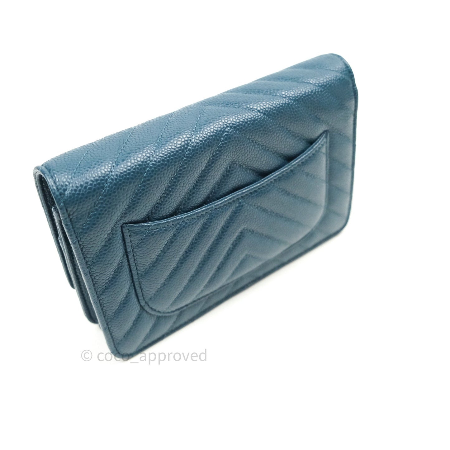 Chanel Chevron Wallet on Chain WOC Blue Caviar Silver Hardware