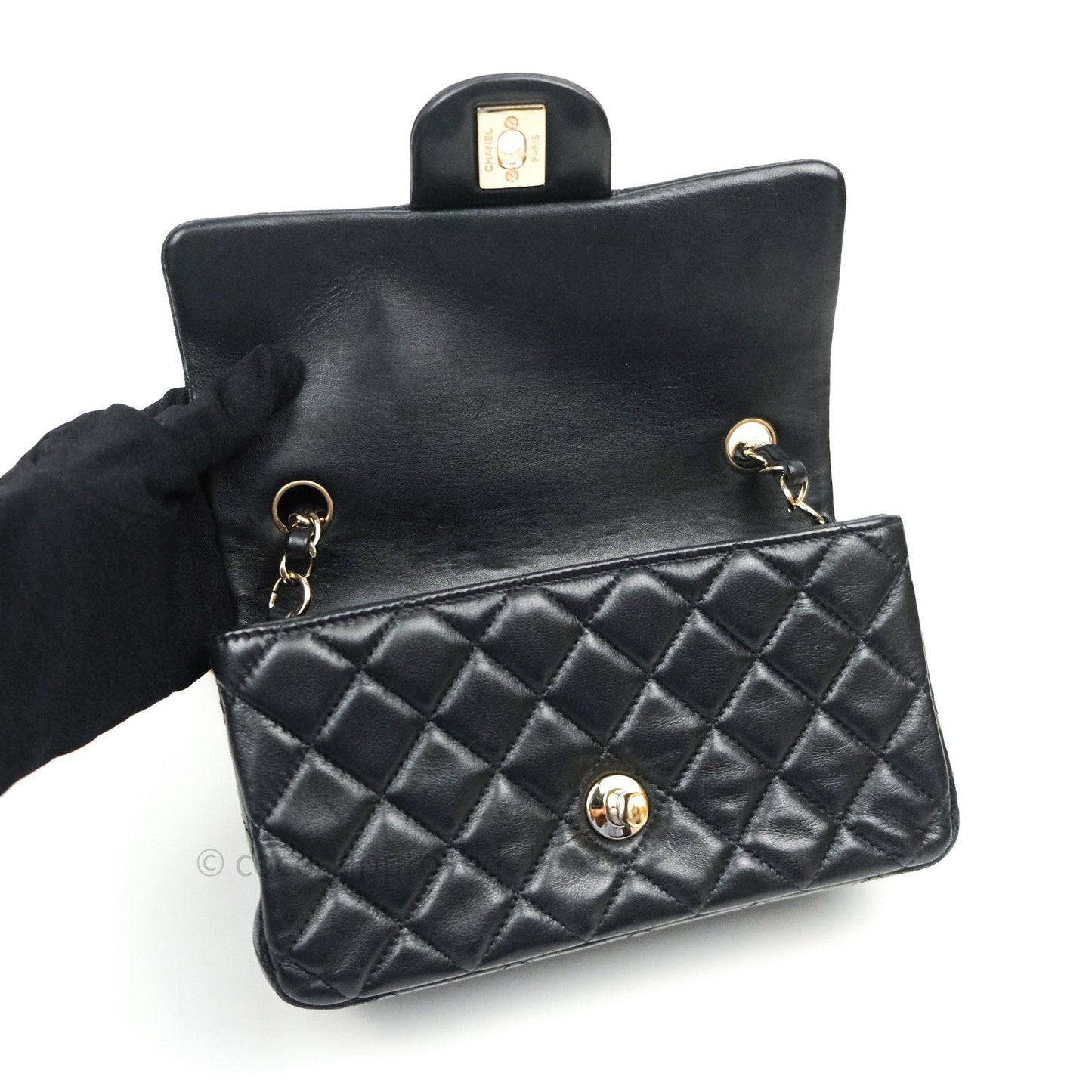 Chanel Quilted Mini Rectangular Black Lambskin Gold Hardware
