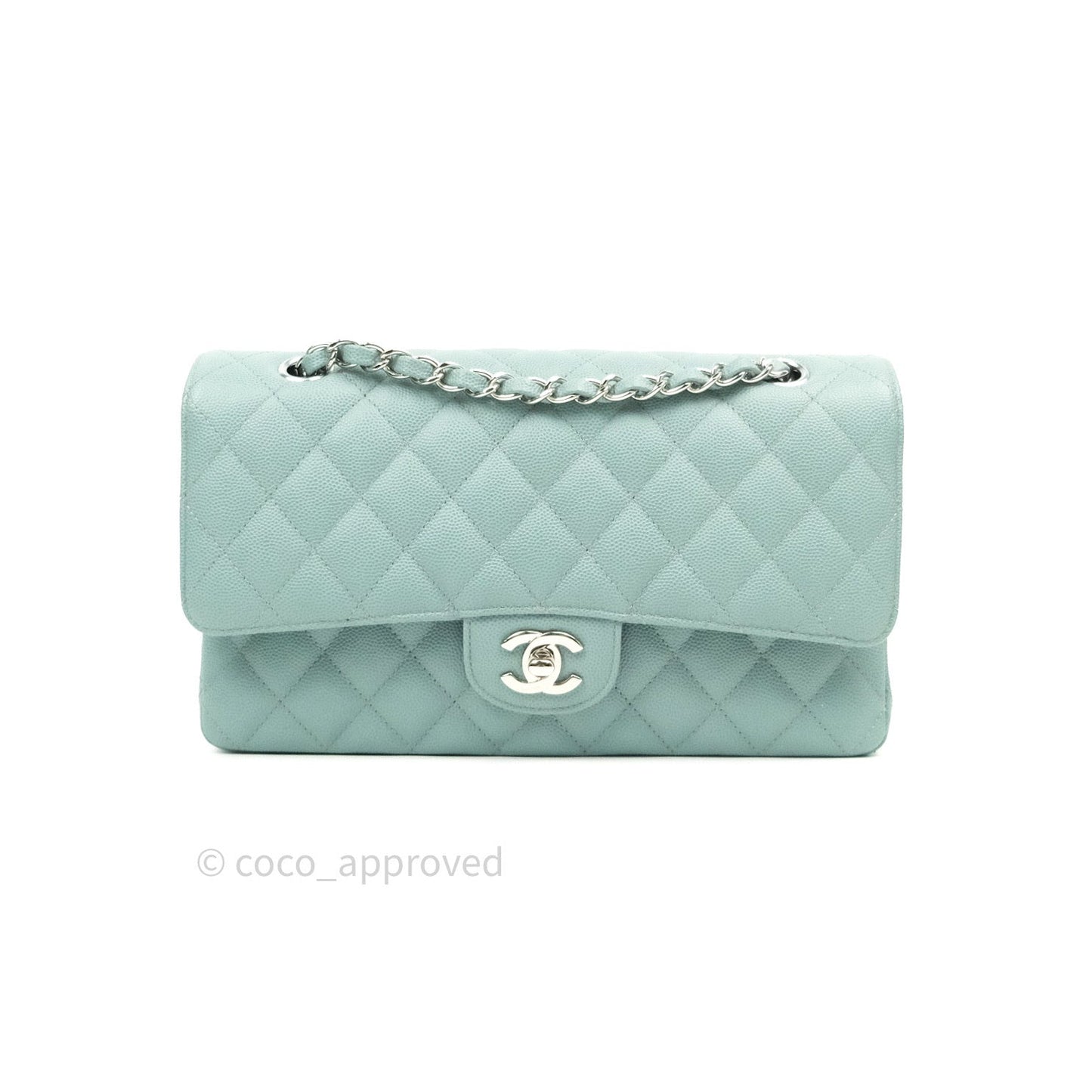 Chanel Classic M/L Medium Double Flap Bag Light Blue Caviar Silver Hardware 18C