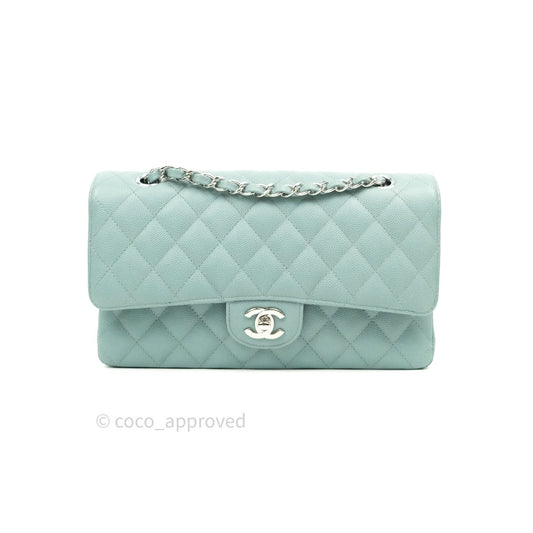 Chanel Classic M/L Medium Double Flap Bag Light Blue Caviar Silver Hardware 18C