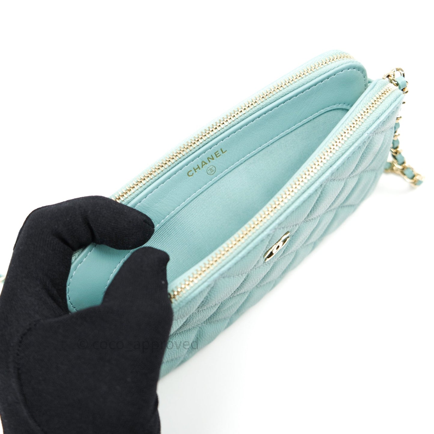 Chanel Tiffany Blue Caviar Clutch on Chain Gold Hardware 20C