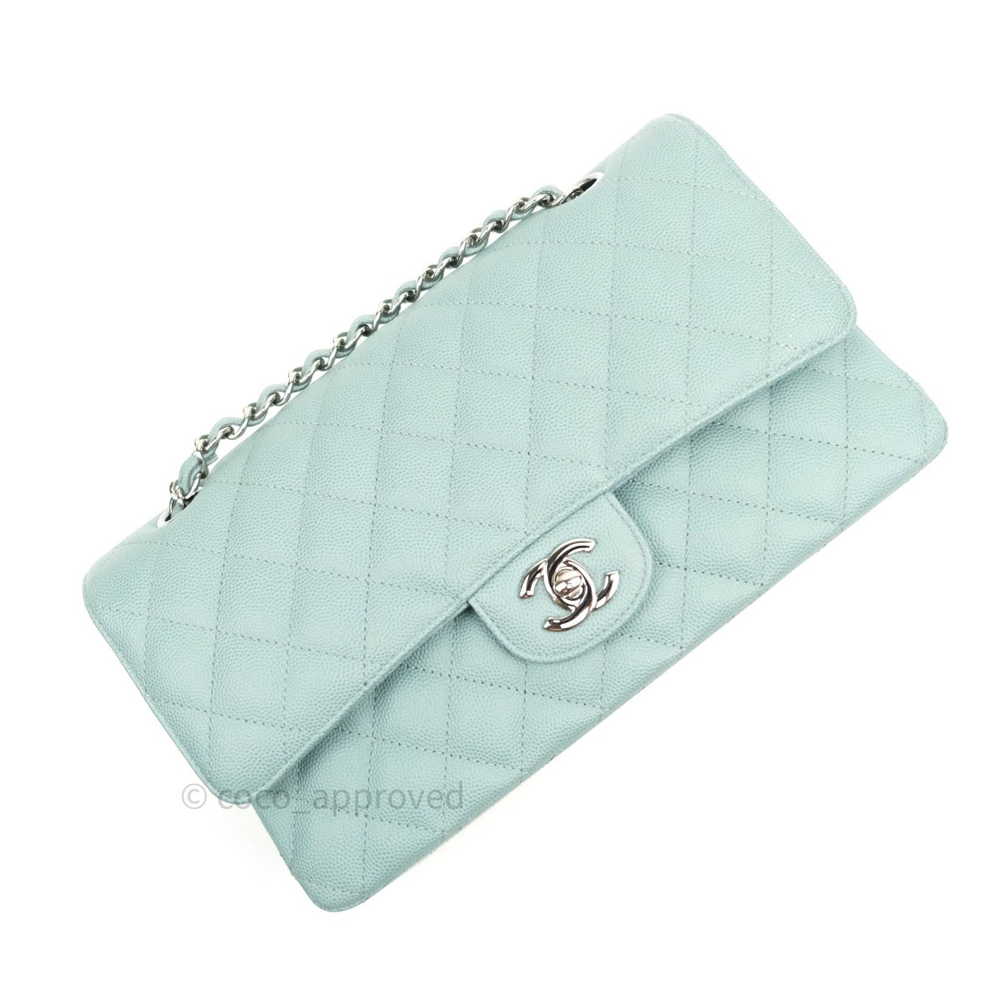 Chanel Classic M/L Medium Double Flap Bag Light Blue Caviar Silver Hardware 18C