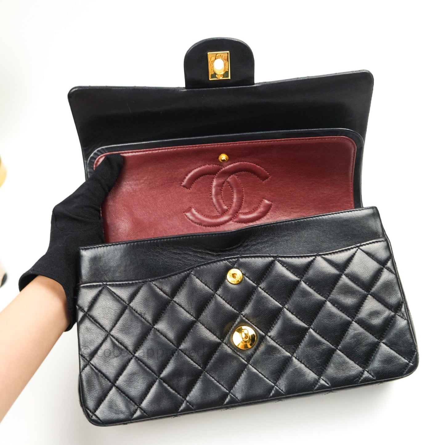 Chanel Classic Vintage M/L Medium Double Flap Bag Black Lambskin 24K Gold Hardware