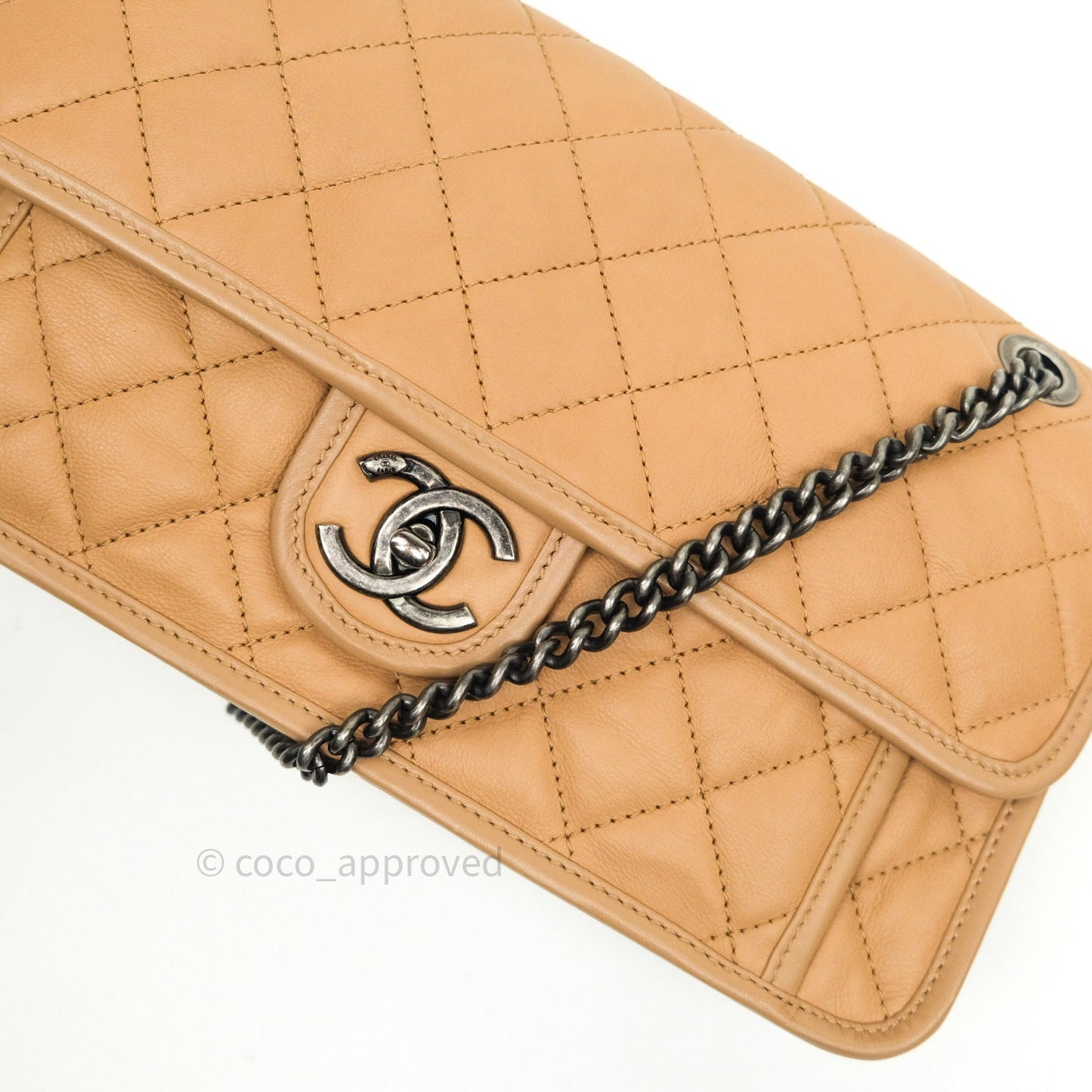 Chanel French Riviera Medium Flap Dark Beige Grained Calfskin Ruthenium Hardware