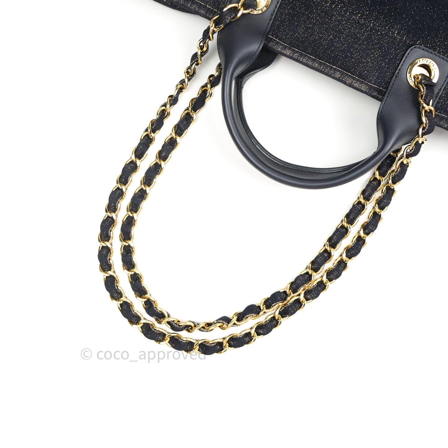 Chanel Canvas Large Deauville Tote Navy Glittery Gold Logo 19B