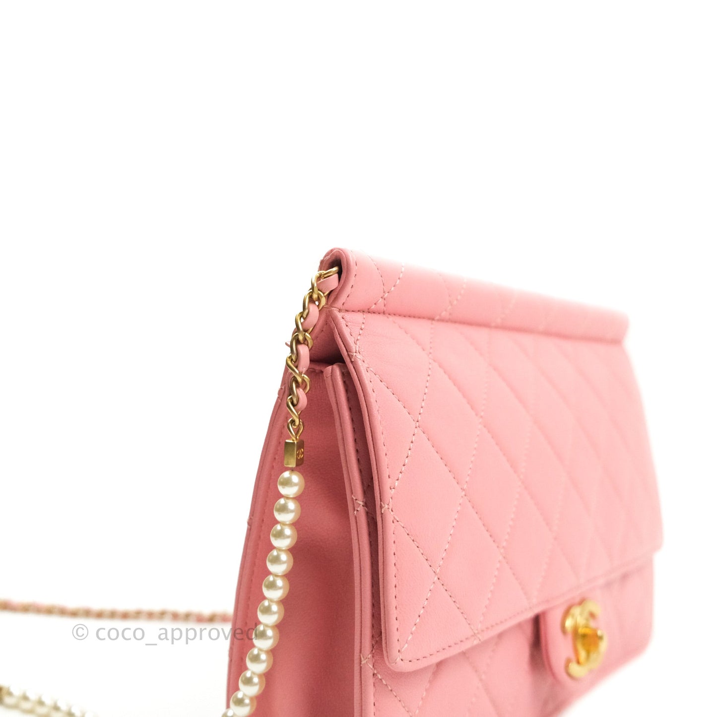 Chanel Large Quilted Lambskin Pearl Chain Flap Bag Pink Aged Gold Hardware