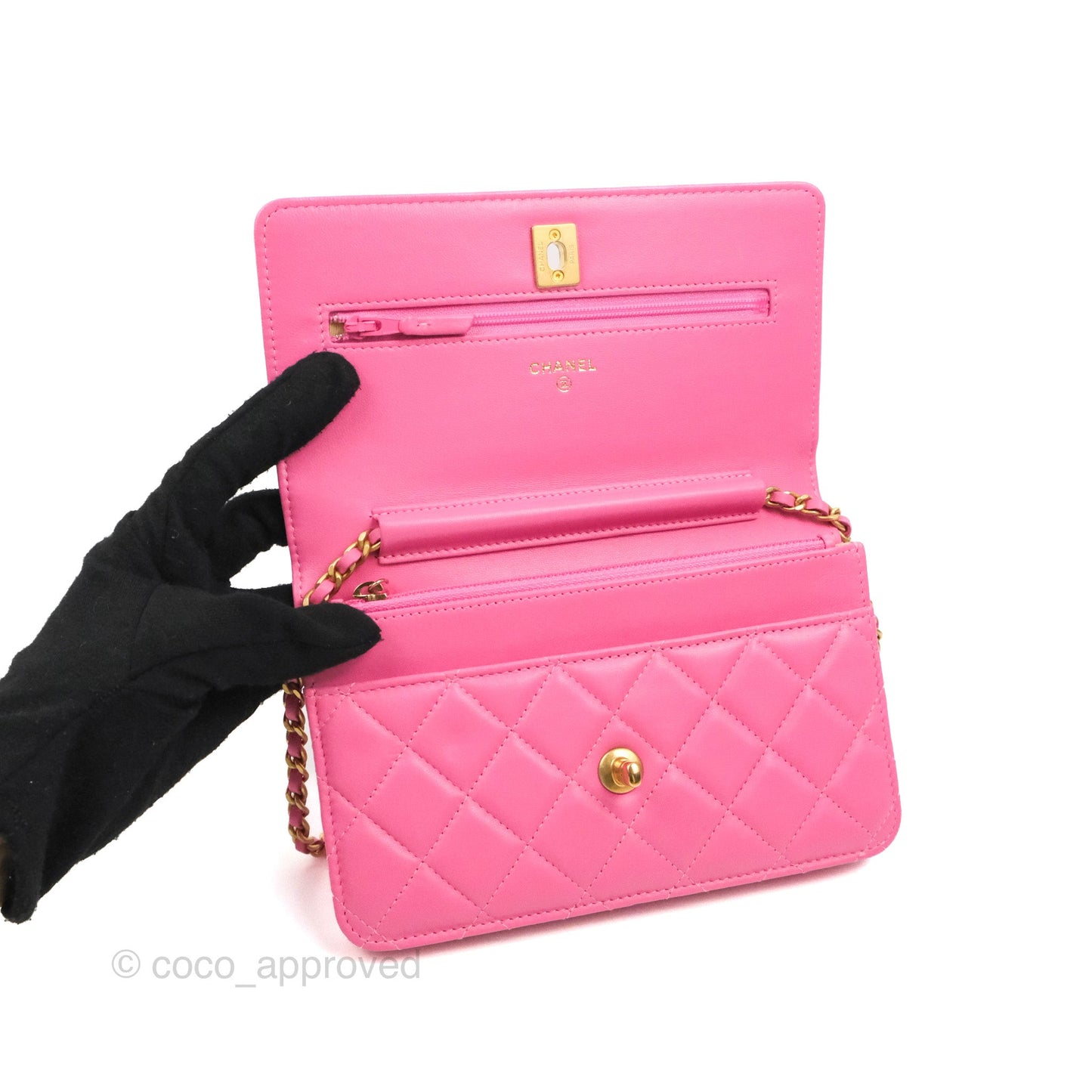 Chanel Quilted Pearl Crush Wallet on Chain WOC Pink Lambskin Aged Gold Hardware