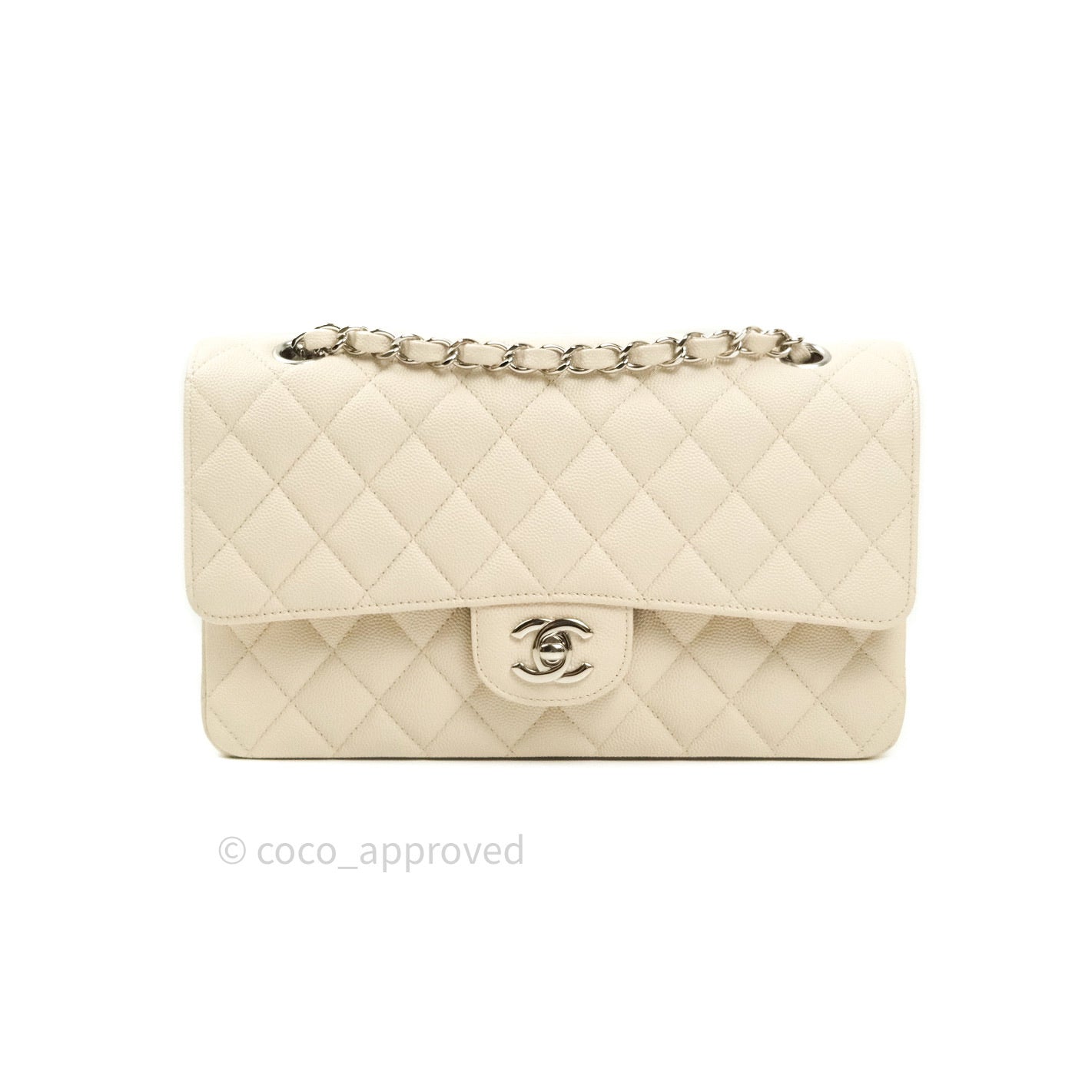 Chanel Classic M/L Medium Double Flap Quilted Ivory Caviar Silver Hardware